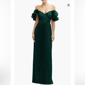 After Six Ruffle Off the Shoulder Metallic Column Gown